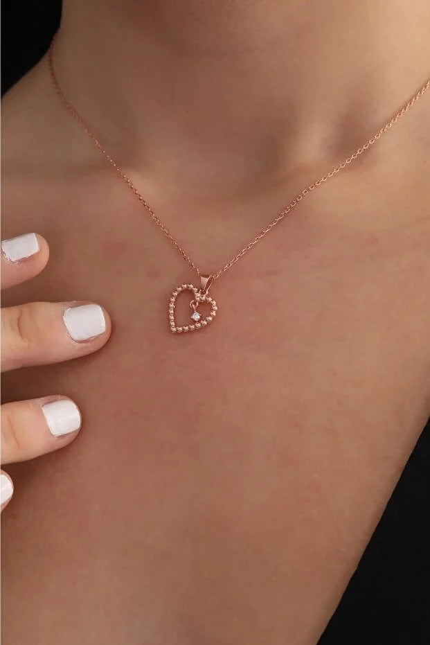 925 Sterling Silver Rose Gold Plated Heart Solitaire Necklace With White Zircon Stone