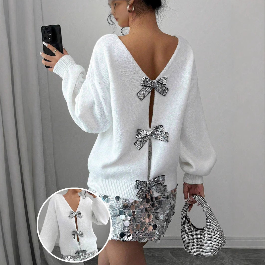 Fashionable Loose Knitted Sweater With Sequin Bow Accent