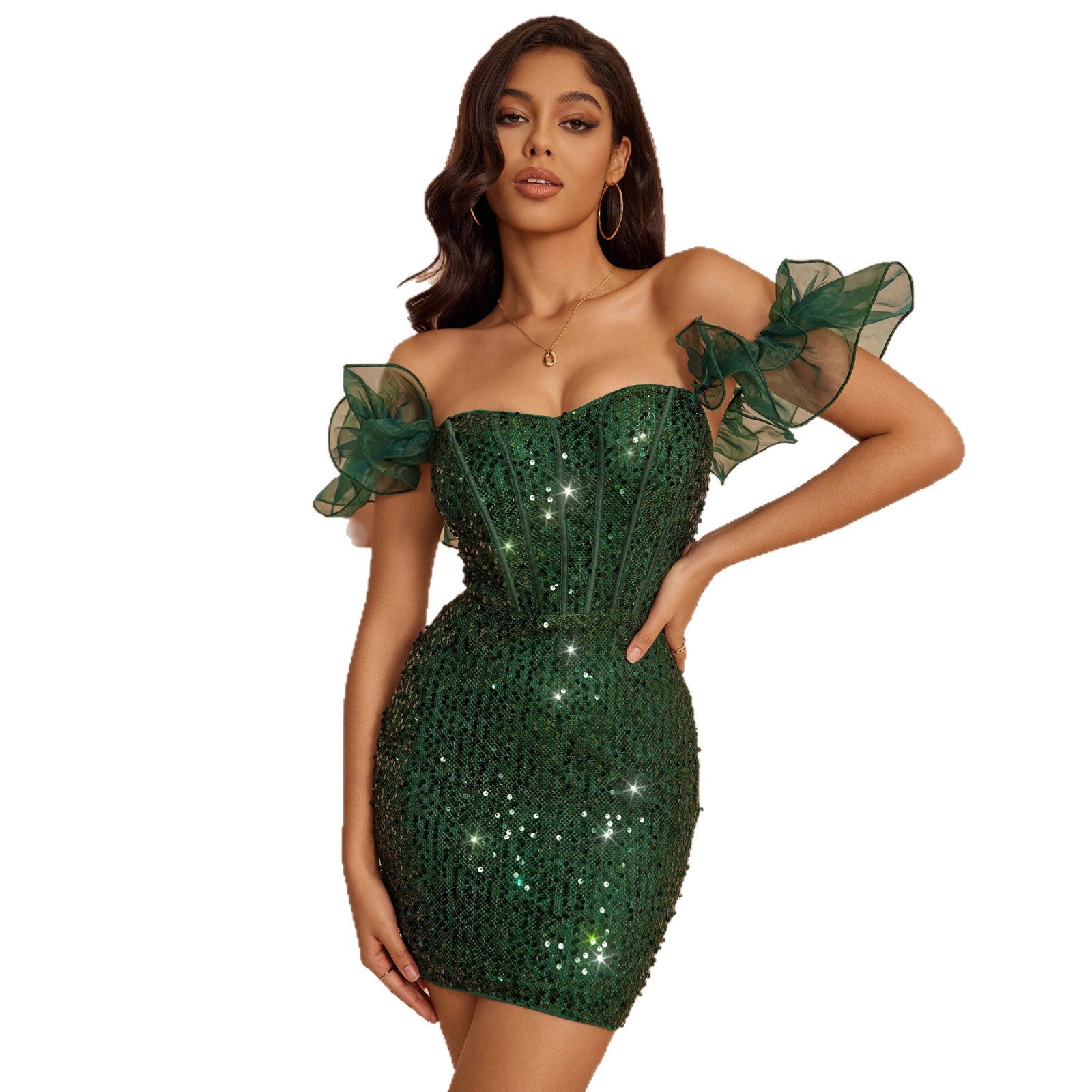 Womens Solid-Color Sequin Ruffle Hem Bodycon Slimming Mini Dress