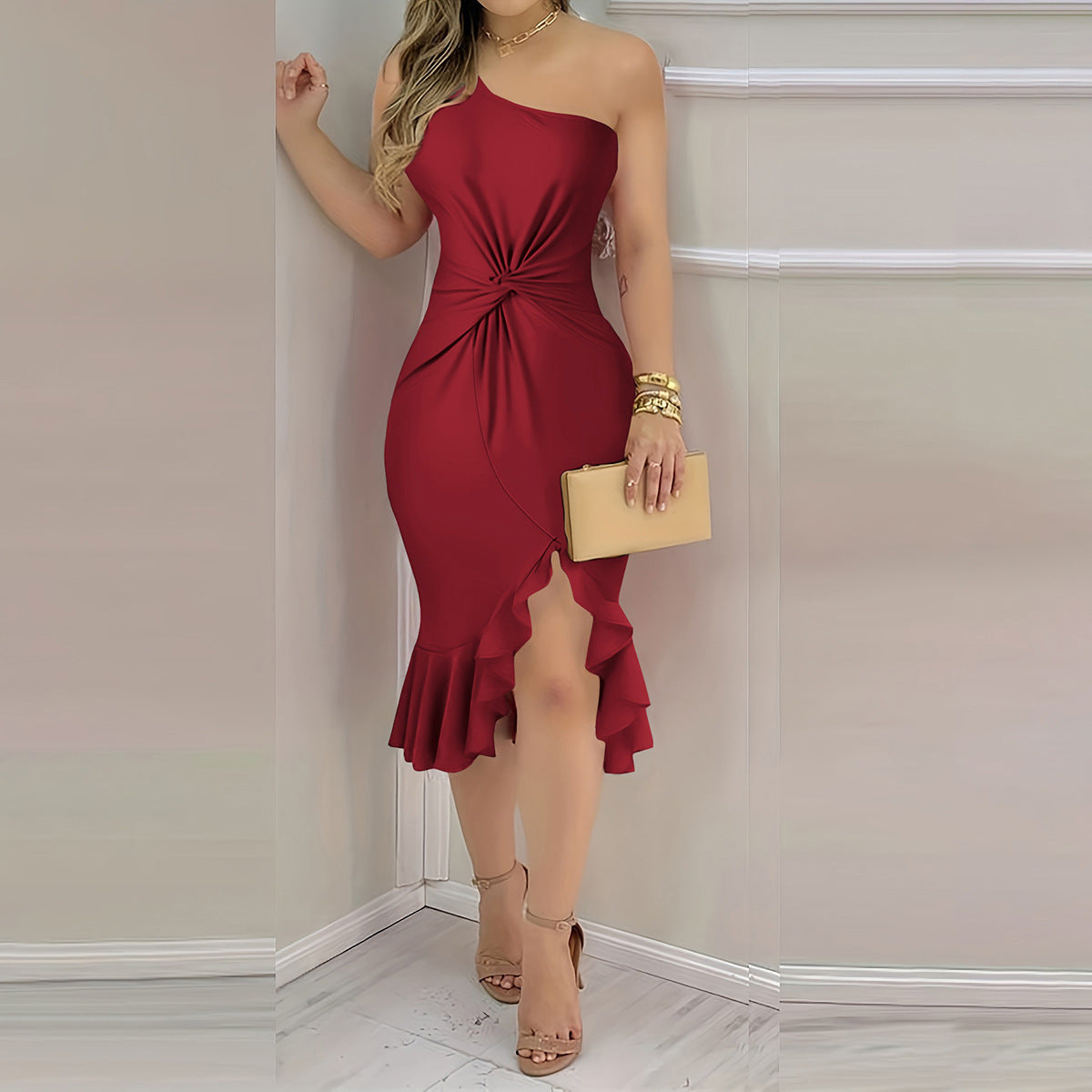 Backless Ruffled Fitted Off-the-shoulder Dress