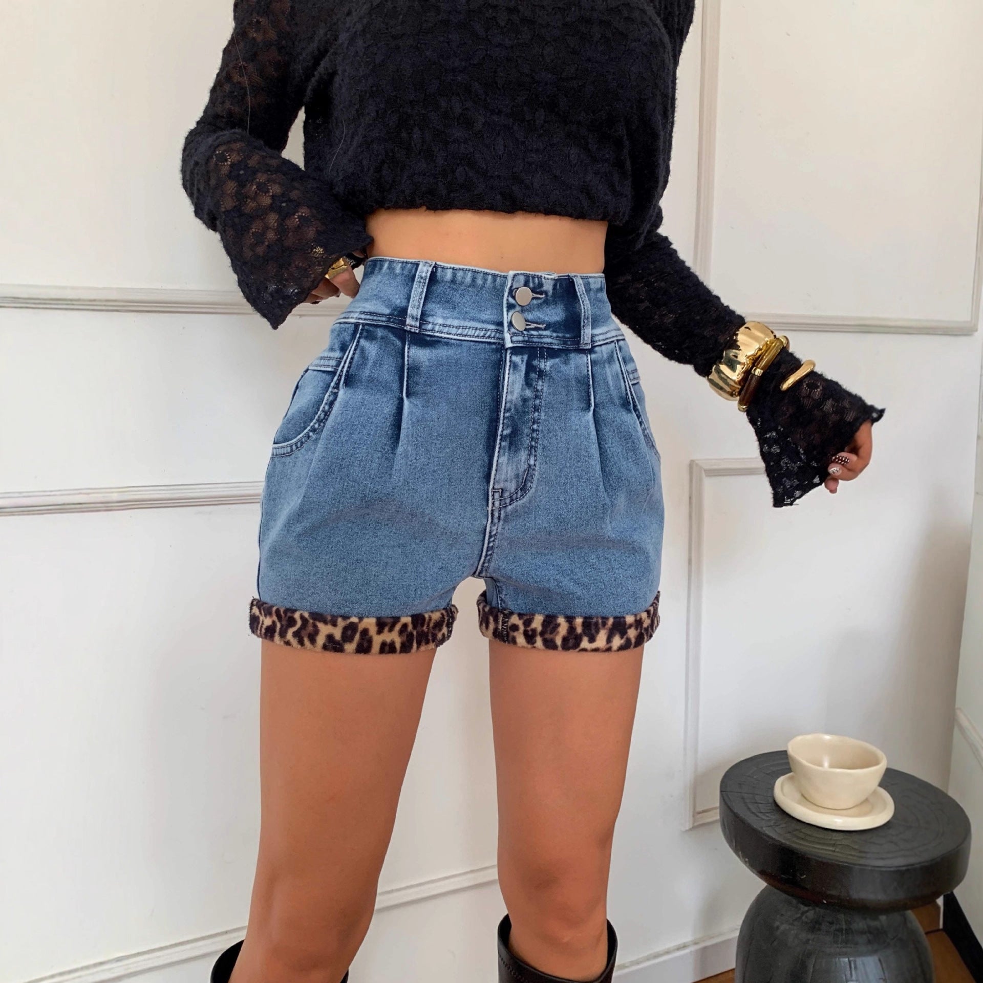 Womens Vintage-look Leopard-print Patchwork Washed Bodycon Hot Shorts