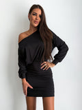 Womens Solid-Color Long-Sleeve Off-Shoulder Loose Short Dress